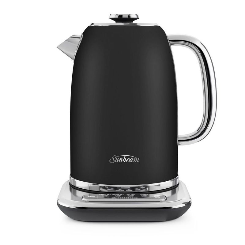Elegant black Sunbeam Alinea Select kettle with 1.7L capacity, precise temperature control, and 3-way safety system.