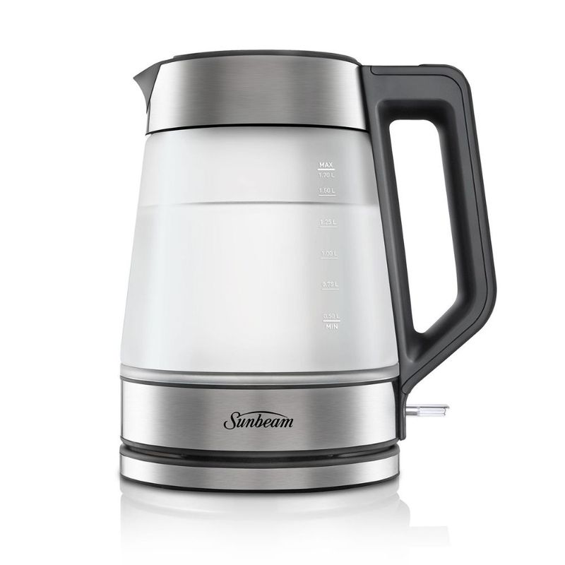 Elegant Sunbeam kettle in brushed stainless steel with 1.7L capacity, 2400W fast boil, and cordless 360° base.