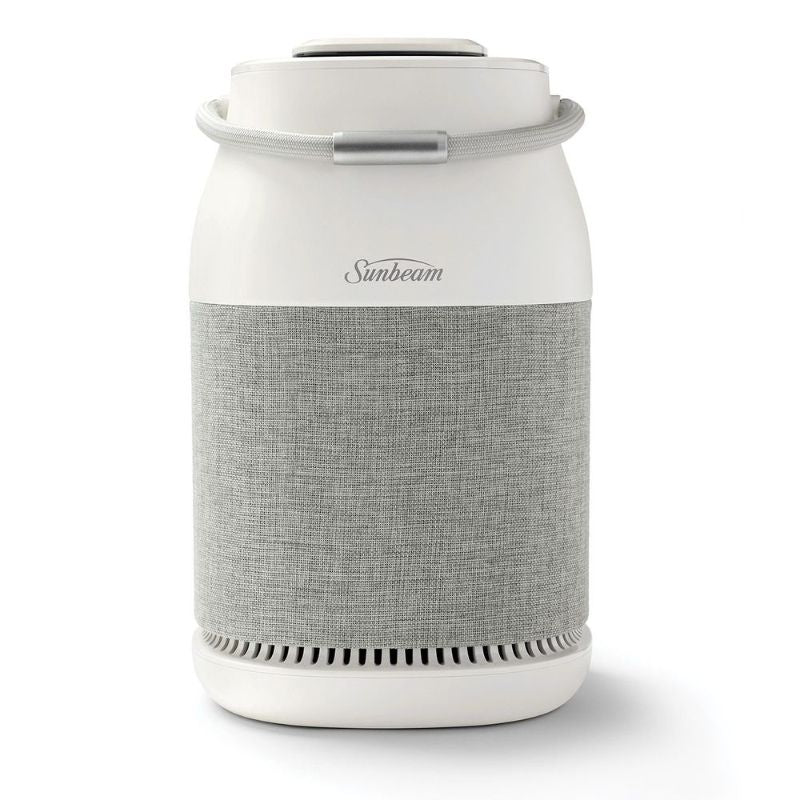 Fresh Protect™ Air Purifier in sleek white, featuring 360° intake, UV light, and True HEPA filter for superior air purification.