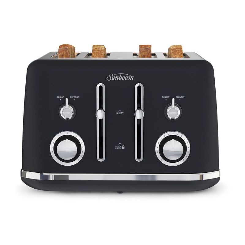 Sunbeam Alinea™ Classic 4 Slice Toaster in sleek black, featuring dual controls, 9 browning settings, and high-lift lever.