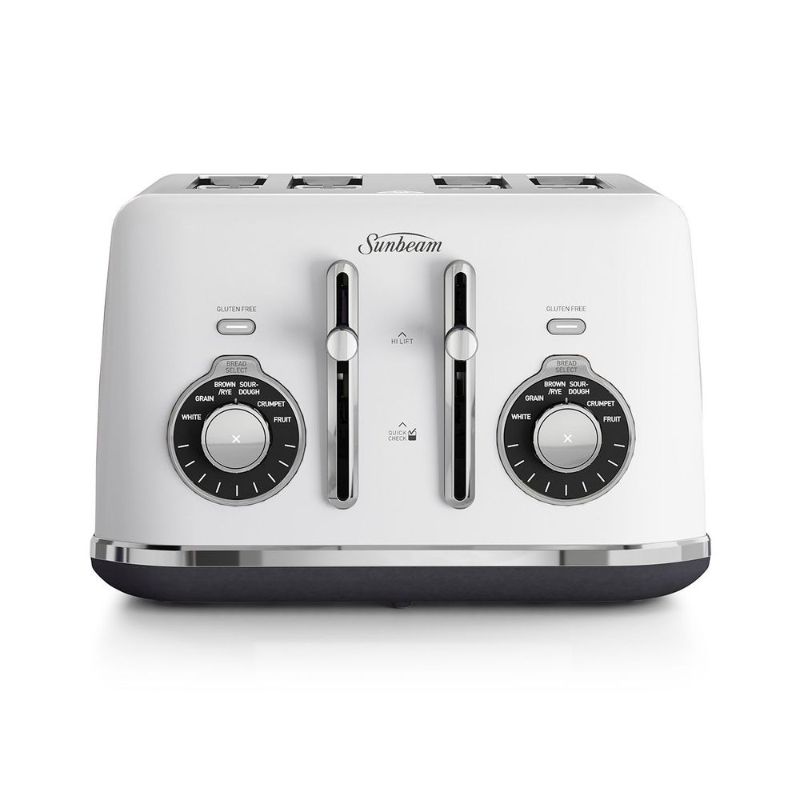 White Sunbeam Alinea™ Select 4 Slice Toaster with 6 bread settings, 9 browning options, and gluten-free feature for perfect toasting.