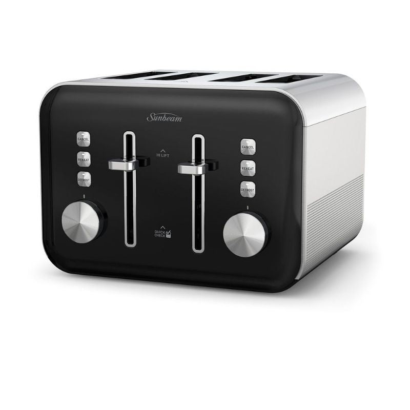 Sleek black 4-slice toaster with electronic browning, defrost, and safety features for perfect breakfasts.