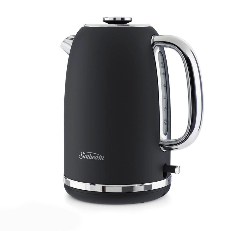 Sunbeam Alinea™ Classics Black Kettle with matte finish, 1.7L capacity, 2400W power, 360° base, and 3-way safety system.