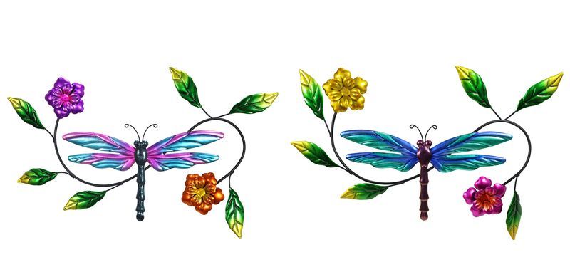 Intricately designed metal wall art featuring dragonflies and vibrant flowers, 65cm, set of 2 for stunning home decor.