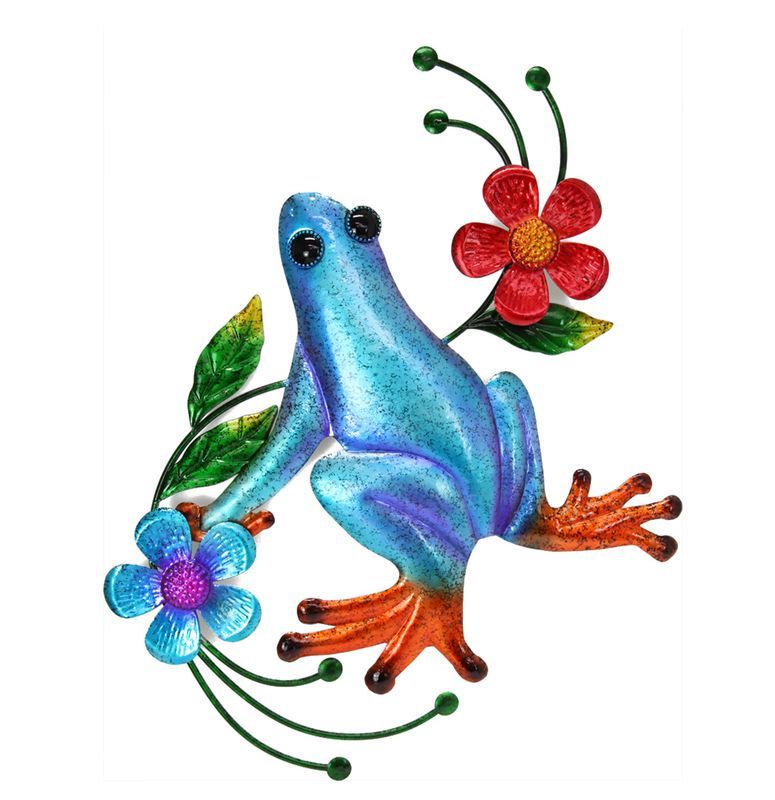 Vibrant blue metal frog surrounded by flowers, perfect wall art for adding color and charm to any space.