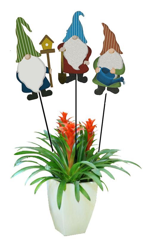 Brightly colored metal gnome garden stakes (83cm) in assorted designs, perfect for adding whimsy to outdoor spaces.
