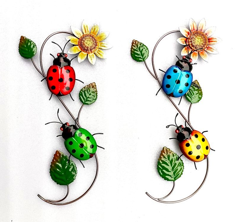 Colorful metal wall art set featuring 2 sunflowers and 2 ladybirds, perfect for indoor/outdoor decor.