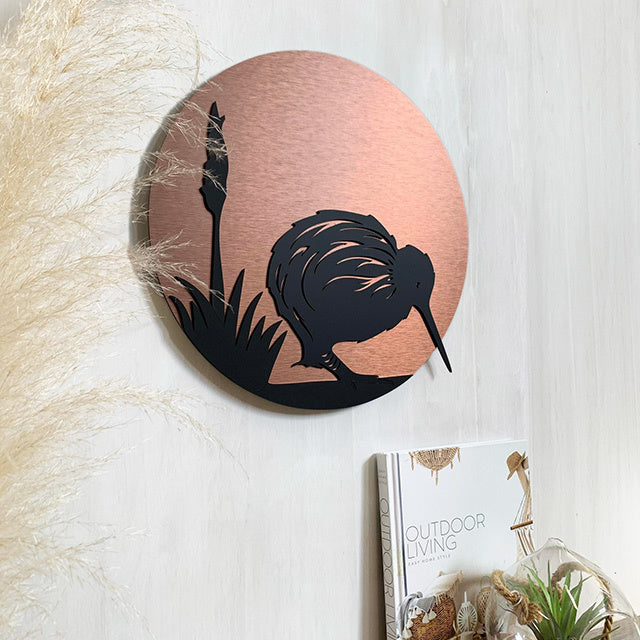 Brushed copper and black acrylic wall art circle, 37cm, perfect for indoor or outdoor decor, ready to hang.