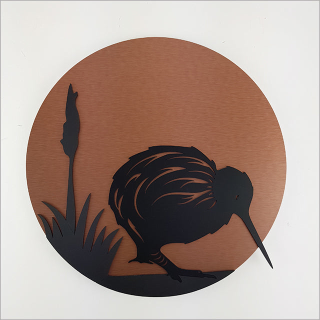 Stunning 37cm Copper Circle Kiwi wall art in brushed copper and black acrylic, perfect for indoor or outdoor decor.