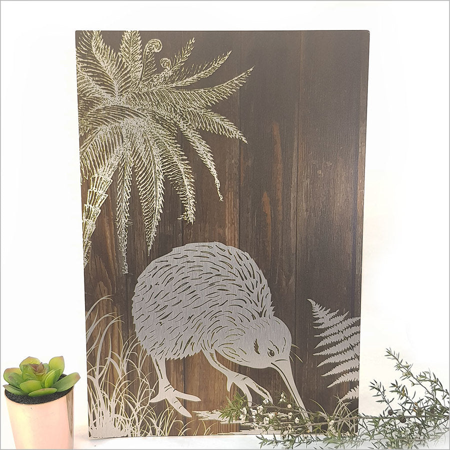 Vibrant kiwi design in dark wood frame, 42cm ACM wall art, perfect for modern or rustic home decor.