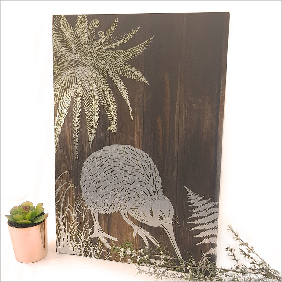 Vibrant kiwi wall art in dark wood frame, 42cm x 28.8cm, perfect for enhancing modern or rustic decor.