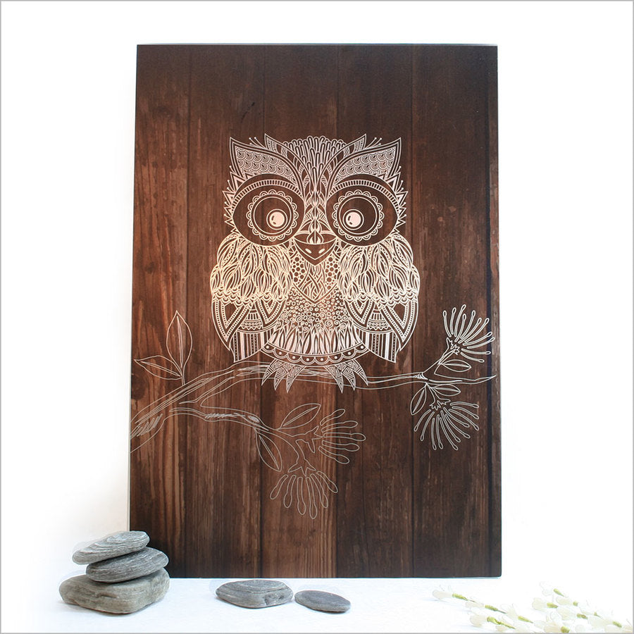 ACM Printed Rectangle Darkwood Morepork wall art featuring a detailed owl design, ideal for enhancing home decor.