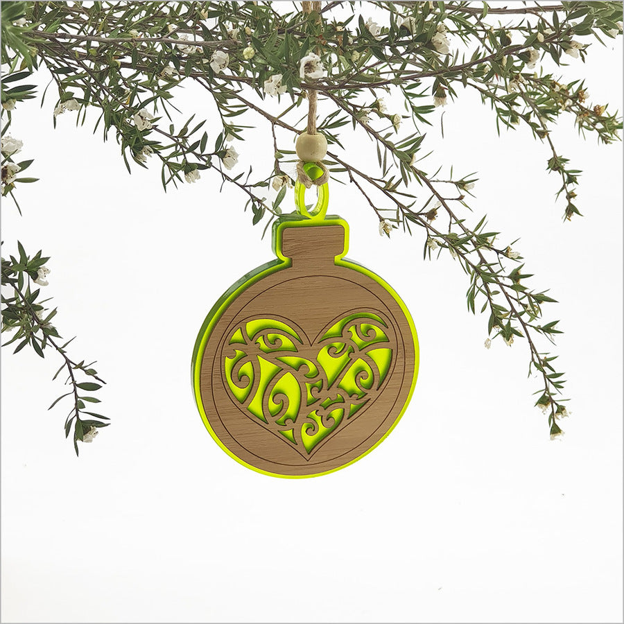Lime green heart-shaped acrylic bauble ornament, 80mm x 110mm, perfect for festive decor or gifting.
