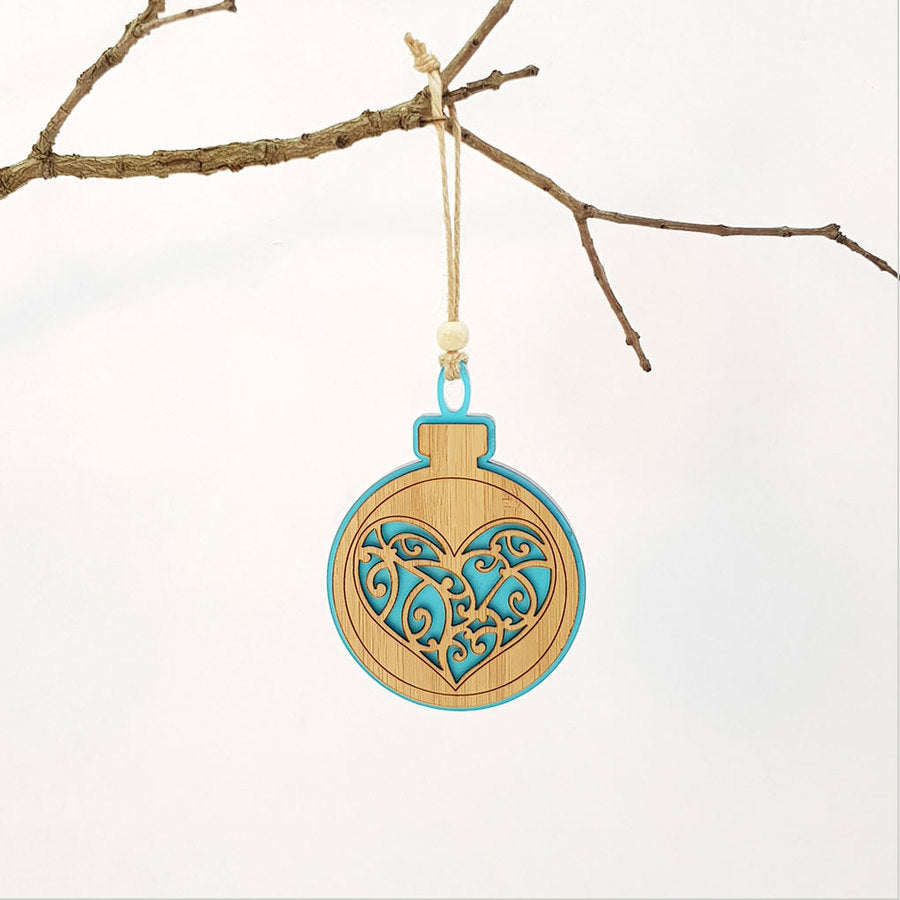 Teal satin acrylic heart-shaped hanging ornament with bamboo detail, perfect for festive decor or thoughtful gifts.