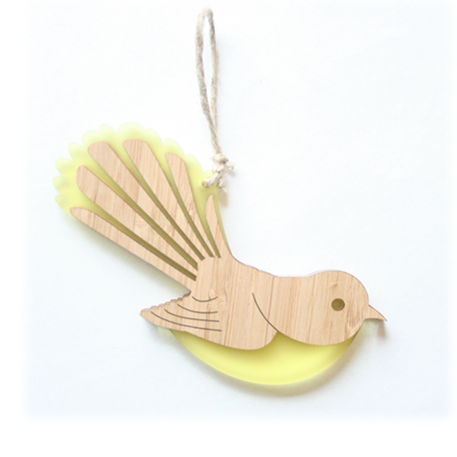 Hanging Fantail ornament in bamboo and yellow satin acrylic, featuring a laser-cut design, perfect for home decor.