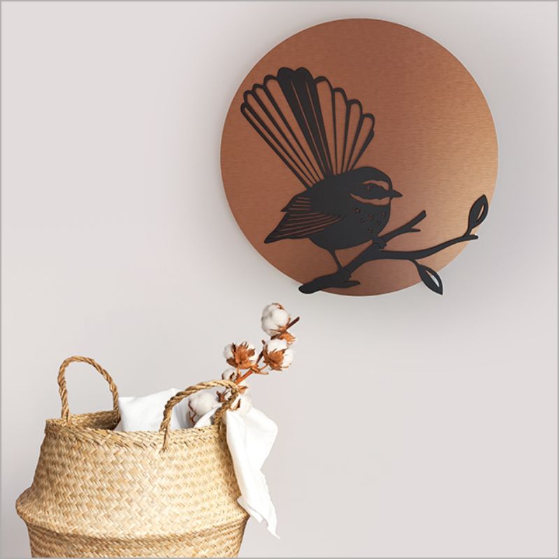 Brushed copper and black acrylic wall art featuring a 37cm circular fantail design, perfect for indoor and outdoor decor.