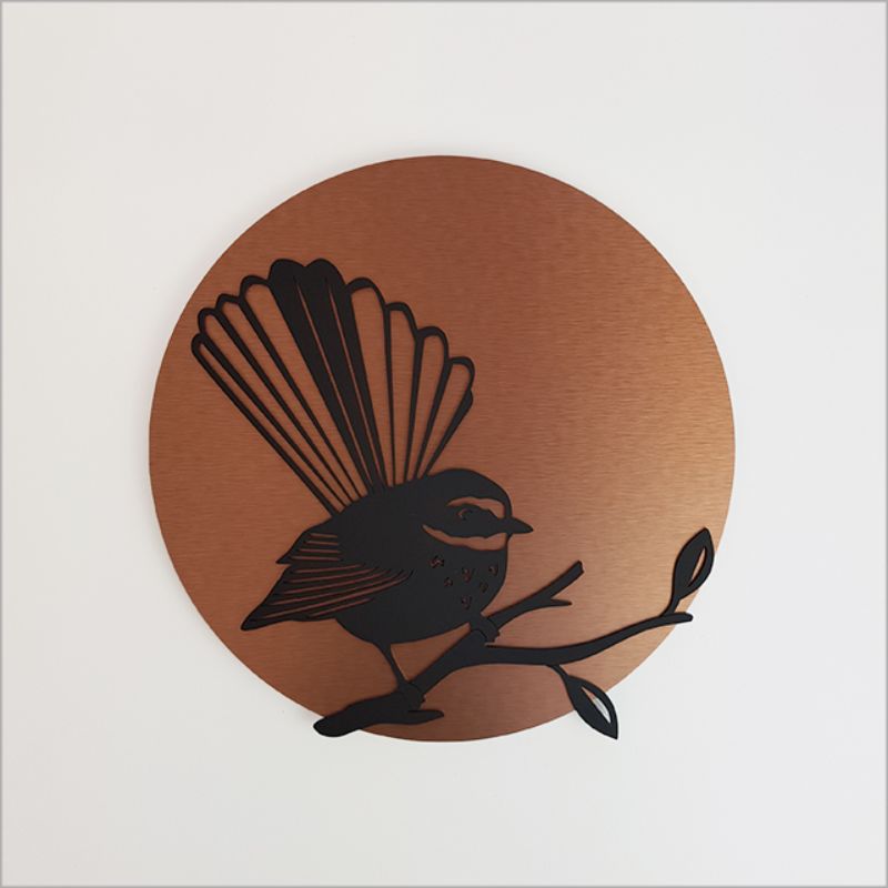 Brushed copper and black acrylic wall art, 37cm circular design, perfect for indoor/outdoor decor.