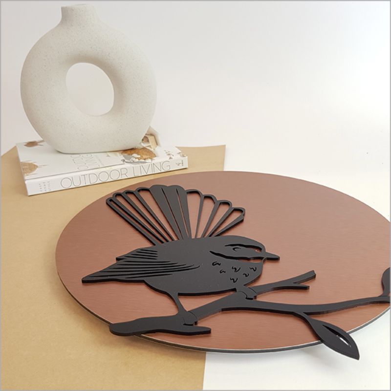 Brushed copper and black acrylic 37cm fantail wall art, lightweight and durable, perfect for indoor and outdoor decor.