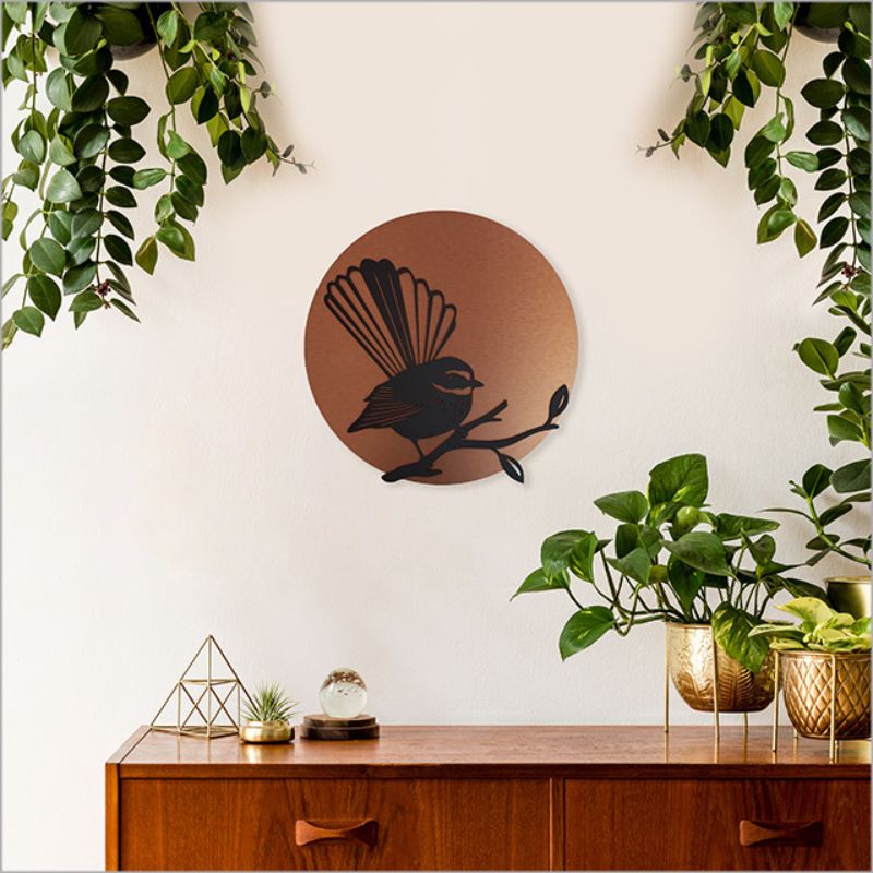 Alt text: Stylish 37cm brushed copper and black acrylic wall art featuring a modern circular design, perfect for indoor or outdoor use.