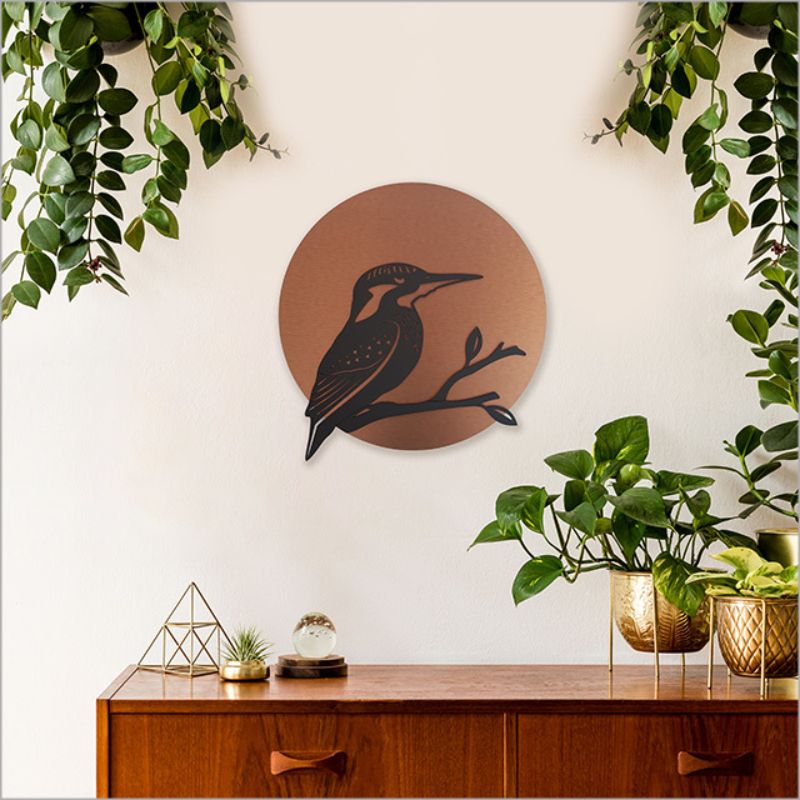 Elegant wall art featuring a brushed copper kingfisher design in a 37cm circular black acrylic frame, perfect for any space.