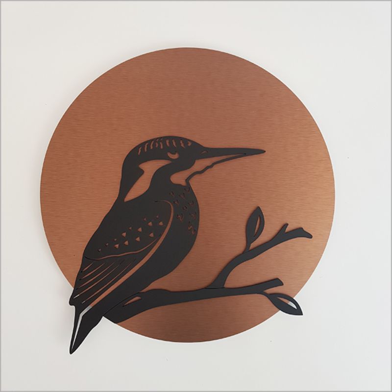 Brushed copper and black acrylic wall art featuring a kingfisher, perfect for enhancing indoor or outdoor decor.