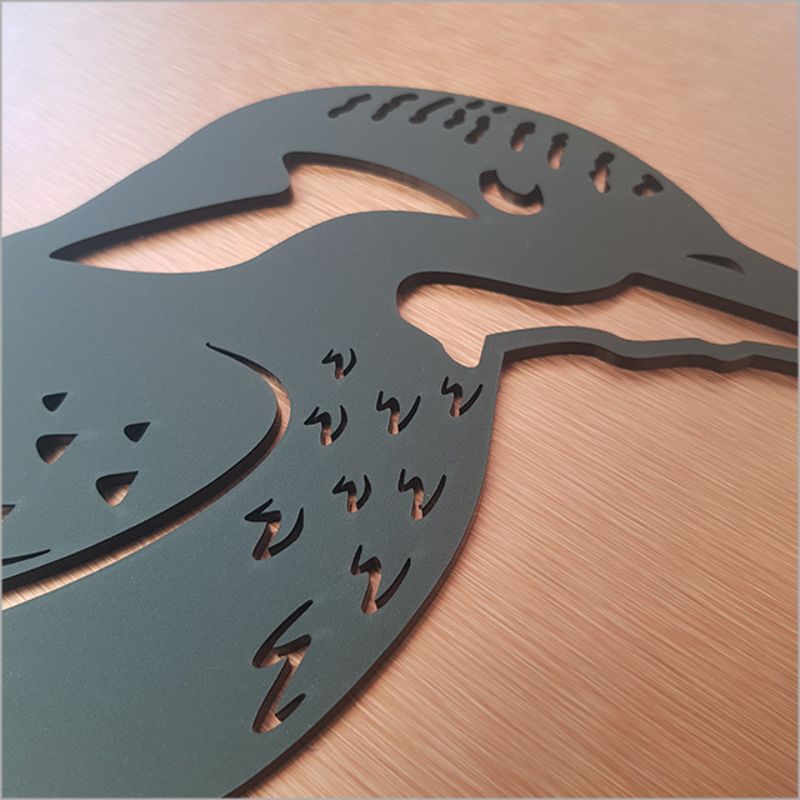 Wall art featuring a copper kingfisher design, 37cm, in brushed copper and black acrylic, perfect for indoor or outdoor display.