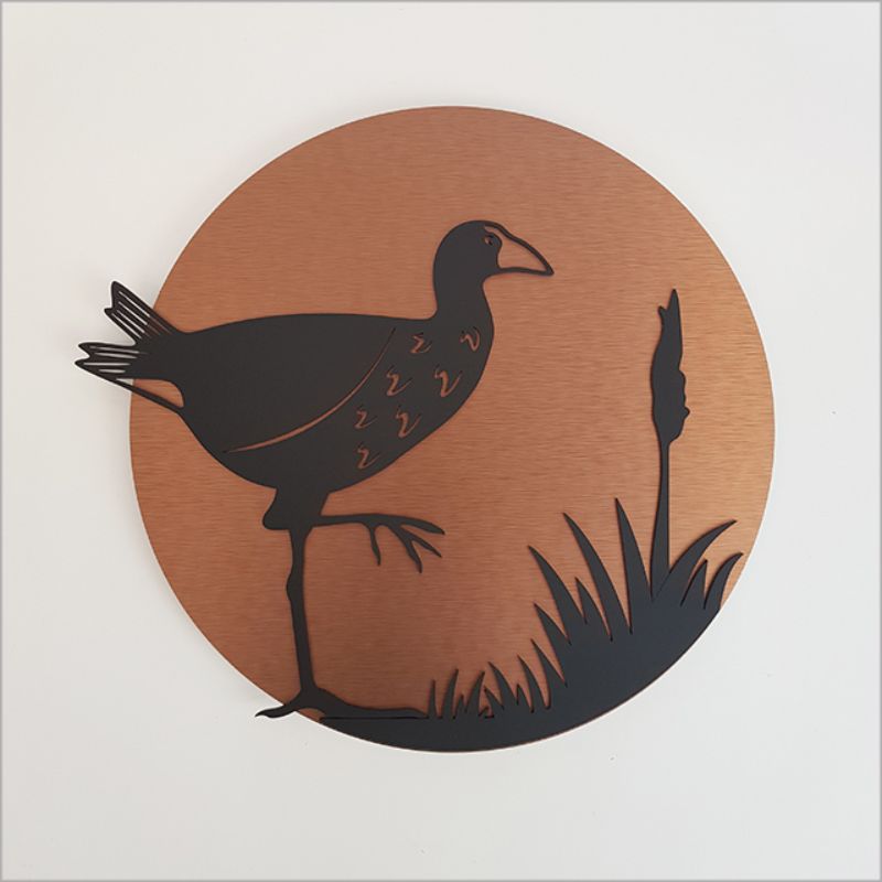 Brushed copper and black acrylic wall art featuring a Pukeko design, perfect for indoor/outdoor decor, 37cm in diameter.