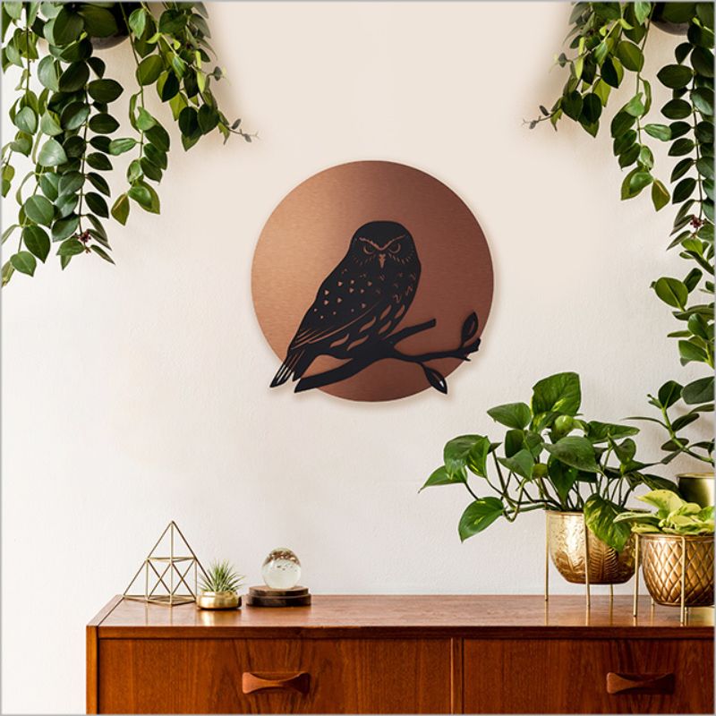 Brushed copper and black acrylic 37cm circle wall art, perfect for modern indoor/outdoor decor, comes ready to hang.