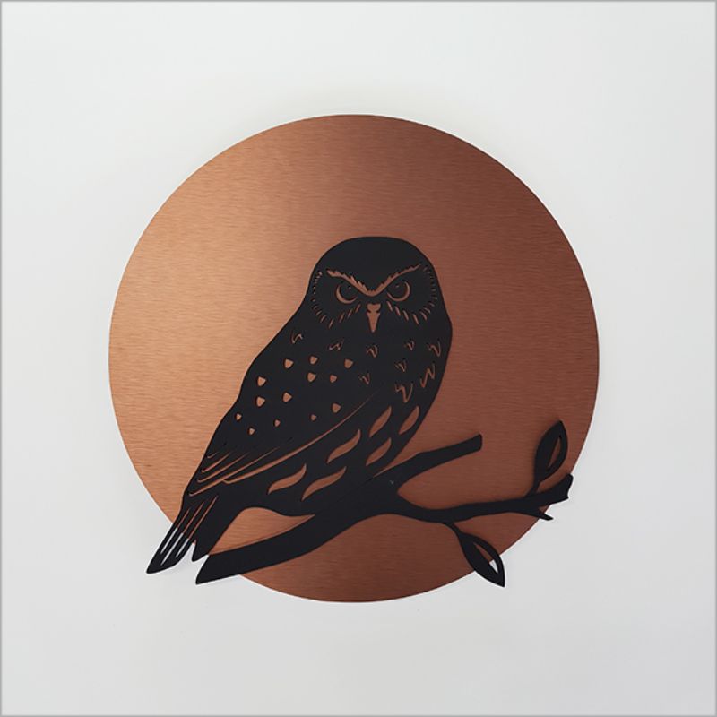 Modern 37cm copper circle wall art featuring a brushed copper finish and black acrylic, perfect for indoor or outdoor decor.