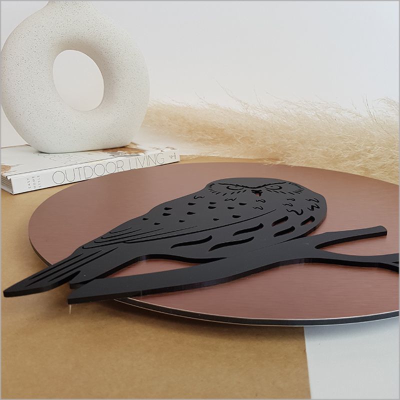 Modern 37cm copper circle wall art in brushed copper and black acrylic, perfect for enhancing any decor. Ready to hang.