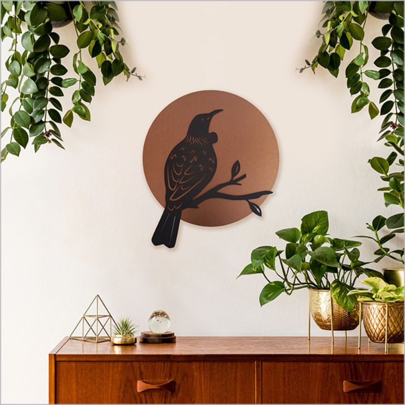 Elegant 37cm copper circle wall art featuring brushed copper and black acrylic, perfect for indoor/outdoor décor.