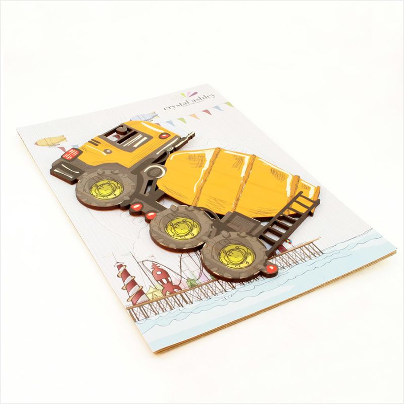 Colorful cement truck wall art in eco-friendly pine veneer, perfect for inspiring creativity in kids' rooms.