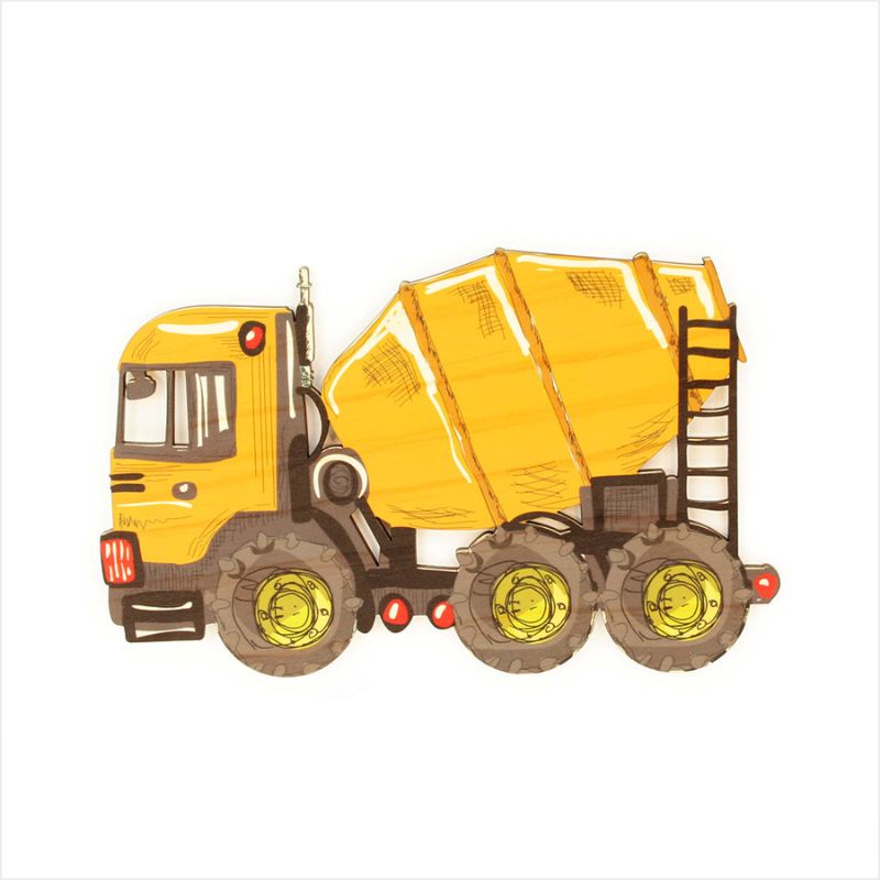 Kids wall art featuring a colorful cement truck design on eco-friendly pine veneer, perfect for inspiring young builders.