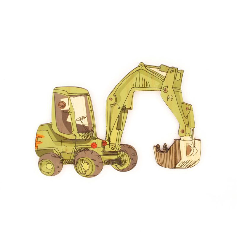 Kids wall art featuring a vibrant excavator design on eco-friendly pine veneer, perfect for inspiring creativity in children's rooms.