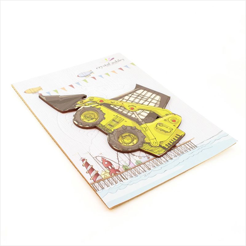 Vibrant skid loader wall art on eco-friendly pine veneer, perfect for inspiring creativity in kids' rooms.