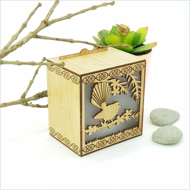 LED tealight candle box made of laser-cut bamboo with a fantail design, featuring 7 color-changing LED options.