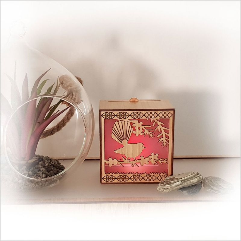 LED Tealight Candle Box featuring bamboo veneer design with color-changing tealight, perfect for decor and ambiance enhancement.