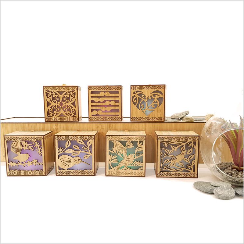 LED tealight candle box featuring a fantail design, crafted from sustainable bamboo veneer, with color-changing LED options.