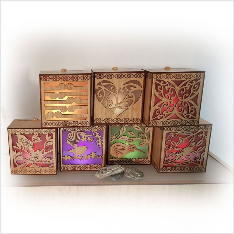 LED Tealight Candle Box featuring a Fantail design, crafted from sustainable bamboo, with color-changing illumination and versatile placement options.