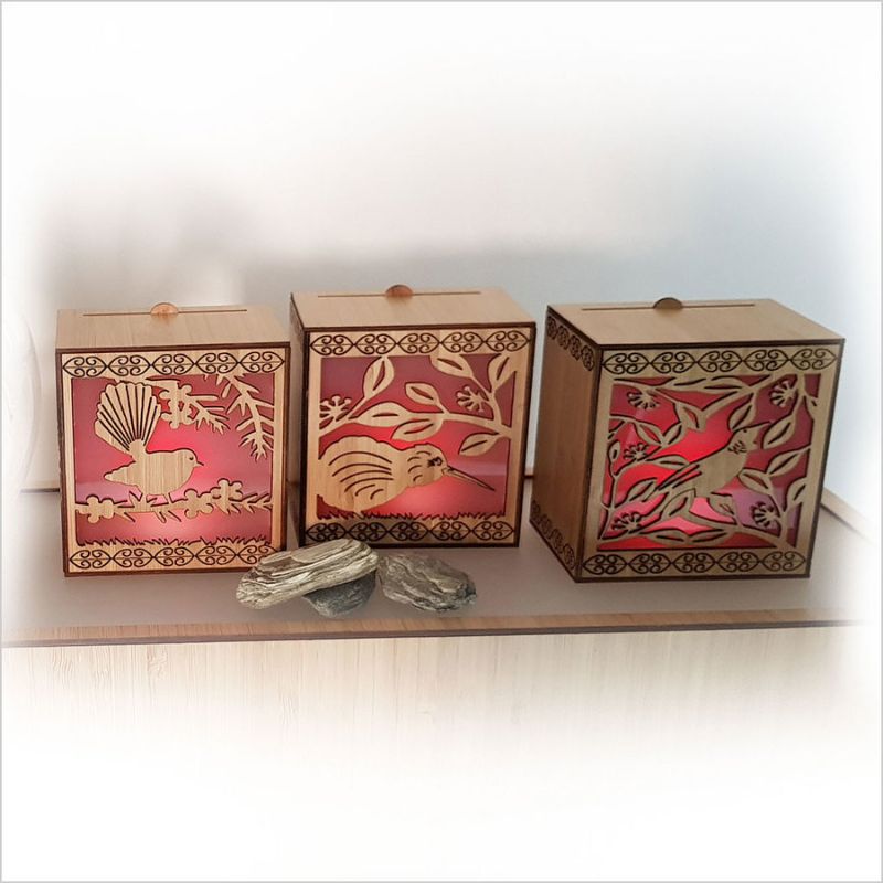 LED tealight candle box featuring a fantasizing fantail design on sustainable bamboo, with 7 color-changing LED options.