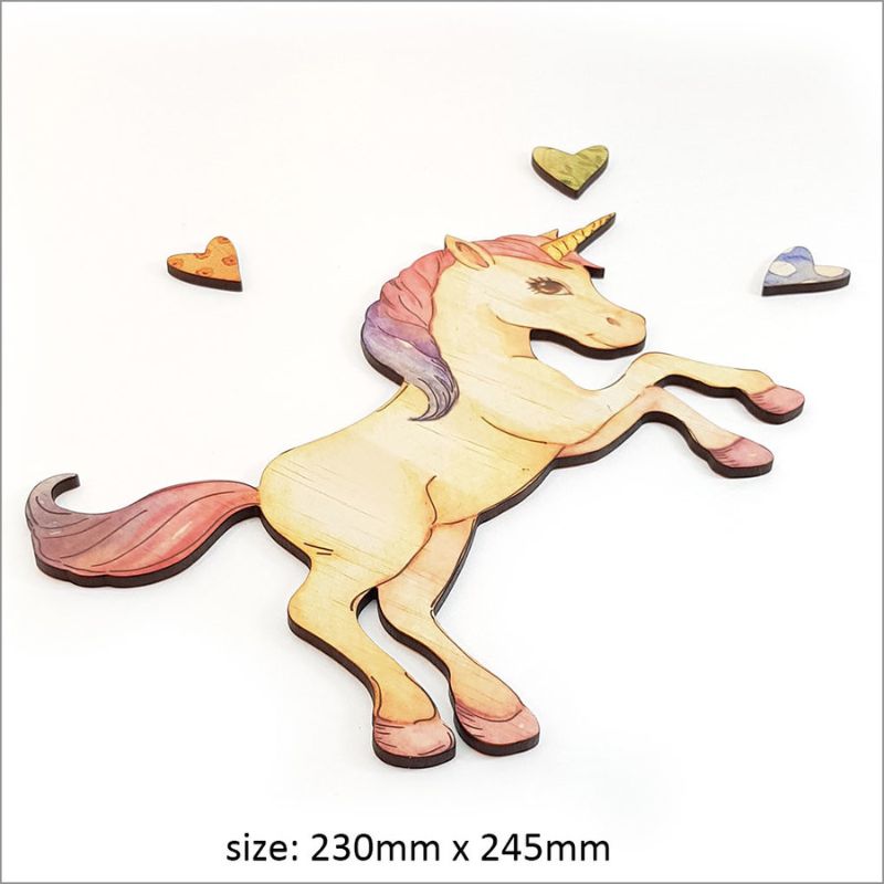 Pine wall art featuring a rearing unicorn, eco-friendly, 24.5 cm, ideal for children's spaces and whimsical decor.