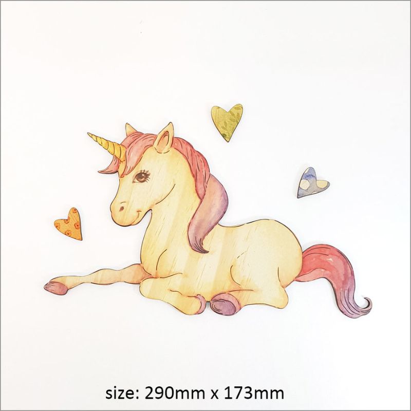 Pine wall art featuring a sitting unicorn, eco-friendly and enchanting, perfect for children's rooms or whimsical decor.