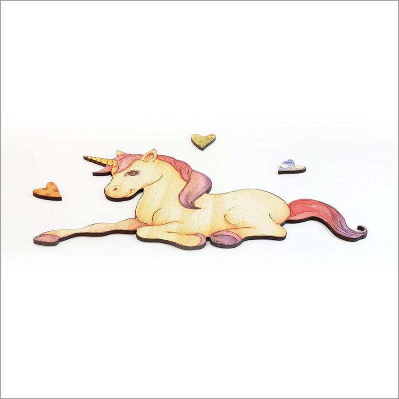 Pine wall art featuring a unicorn design, 29cm tall, crafted from eco-friendly pine veneer for whimsical decor.