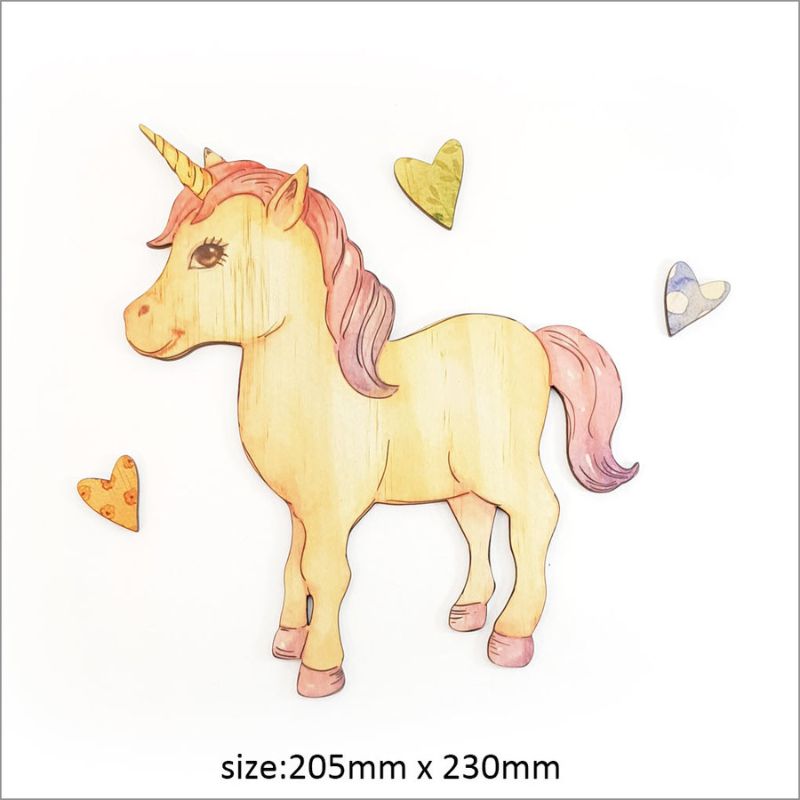 Pine Wall Art featuring a whimsical standing unicorn, eco-friendly, 23cm tall, perfect for kids' rooms or playful decor.