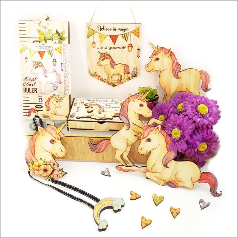 Whimsical unicorn wall art in eco-friendly pine veneer, perfect for kids' rooms and playful spaces, measuring 23cm tall.