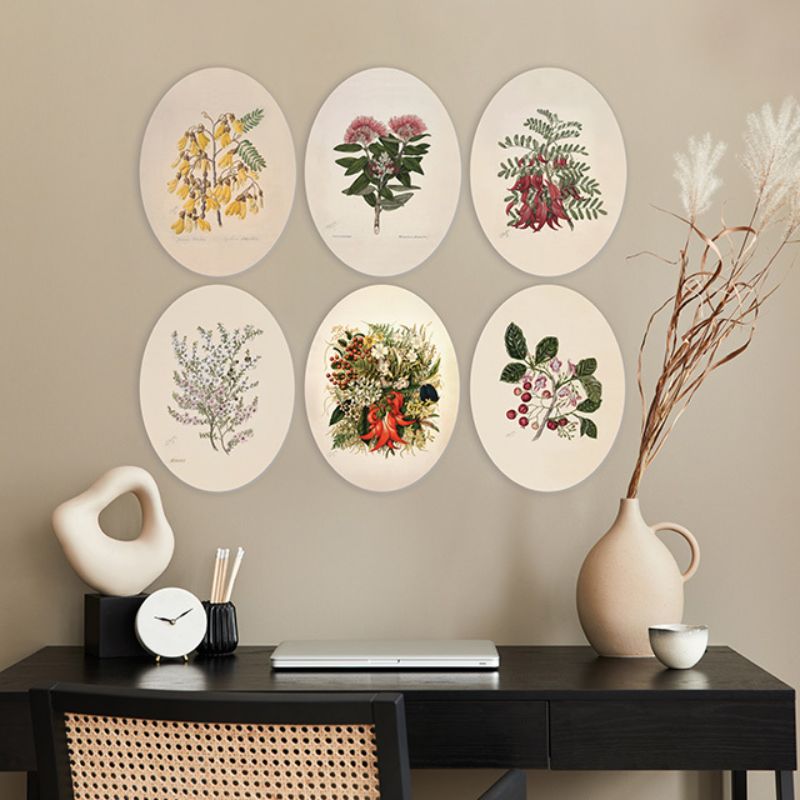 Elegant oval wall art featuring Kowhai blossoms, printed on eco-friendly pine plywood for a natural touch.