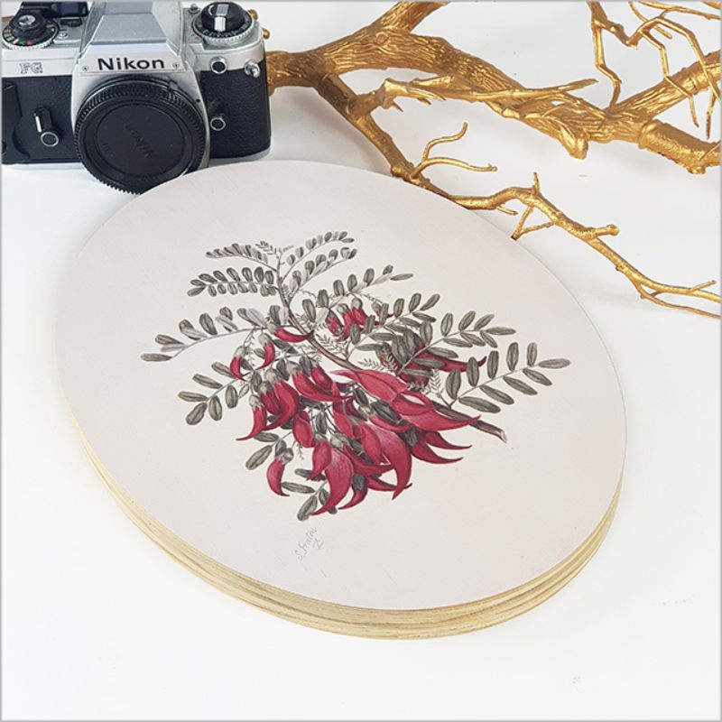 Ply Oval Wall Art featuring Sarah Featon's Kakabeak design, showcasing NZ flora on eco-friendly pine ply, ideal for elegant decor.