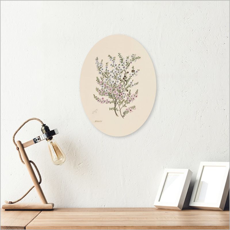 Oval wall art featuring Sarah Featon's floral watercolors, crafted from eco-friendly pine ply, ready to hang.