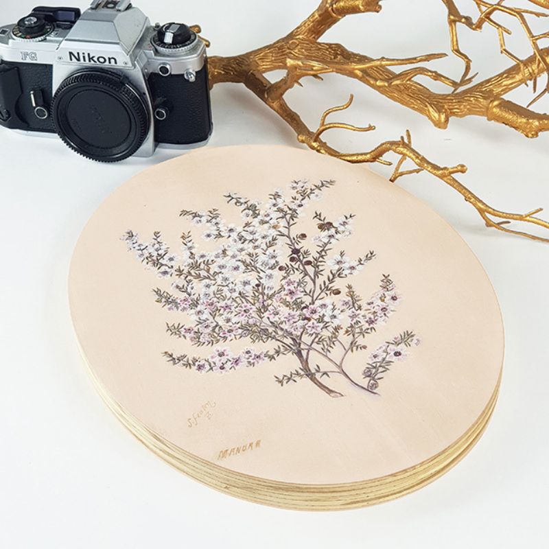 Ply Oval Wall Art featuring Sarah Featon's Manuka floral watercolor, eco-friendly pine ply, ready to hang for elegant decor.