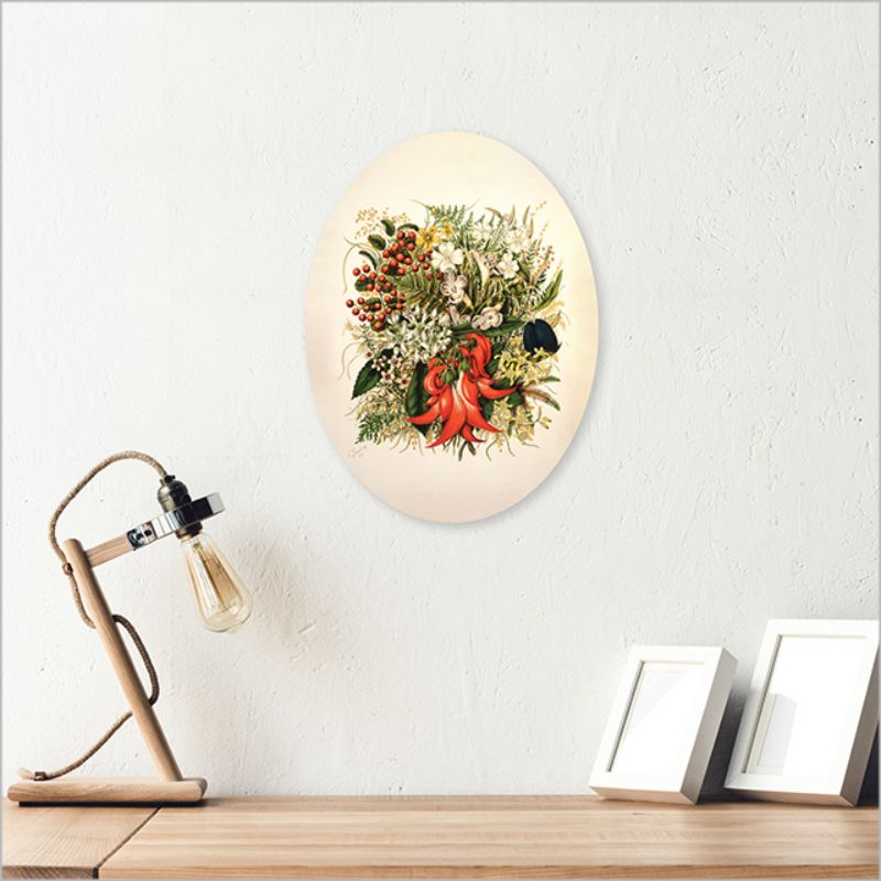 Ply oval wall art featuring Sarah Featon's vibrant watercolors of New Zealand native flowers and berries, 28cm.